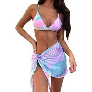 Pastel Pink Purple Triangle String Bikini w Wrap Skirt Swimsuit - Medium